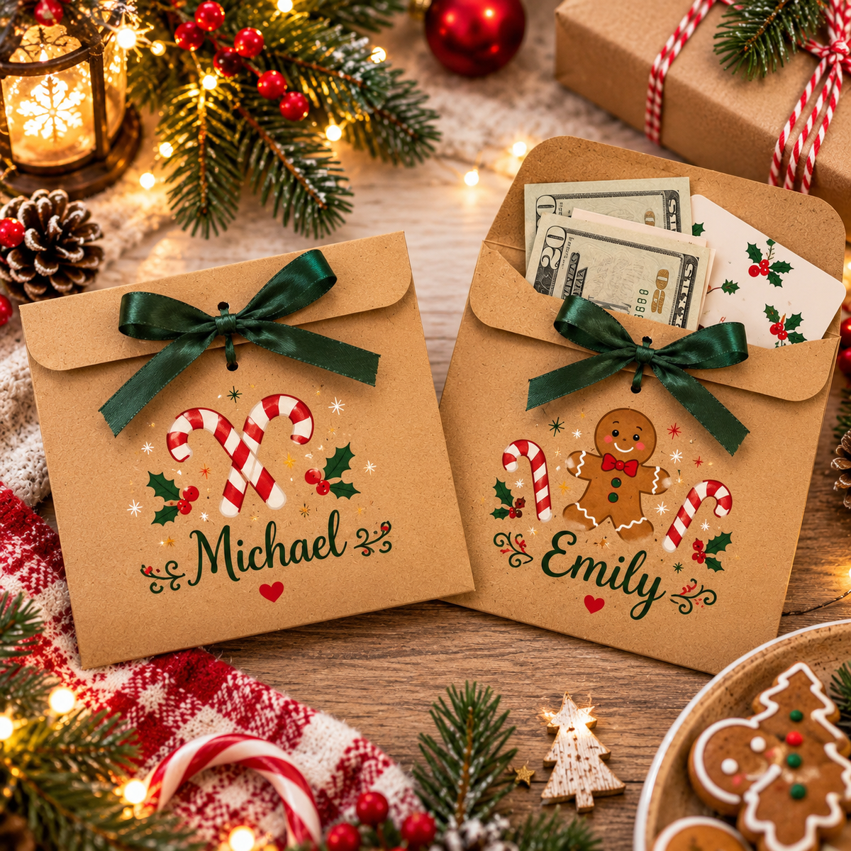 Personalized Xmas 2026 Kraft Money Holder Gift, Voucher Gift Envelope with Satin Ribbon LM32 670641