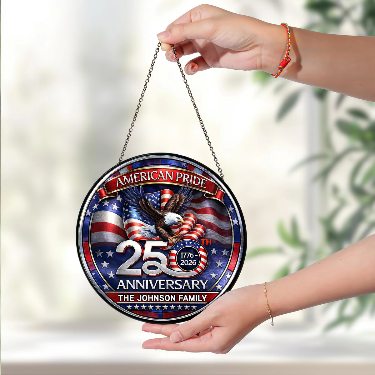 Custom Family Name American Pride Patriotic 250th Anniversary Eagle 1776–2026 Stained Glass Suncatcher HO82 901486