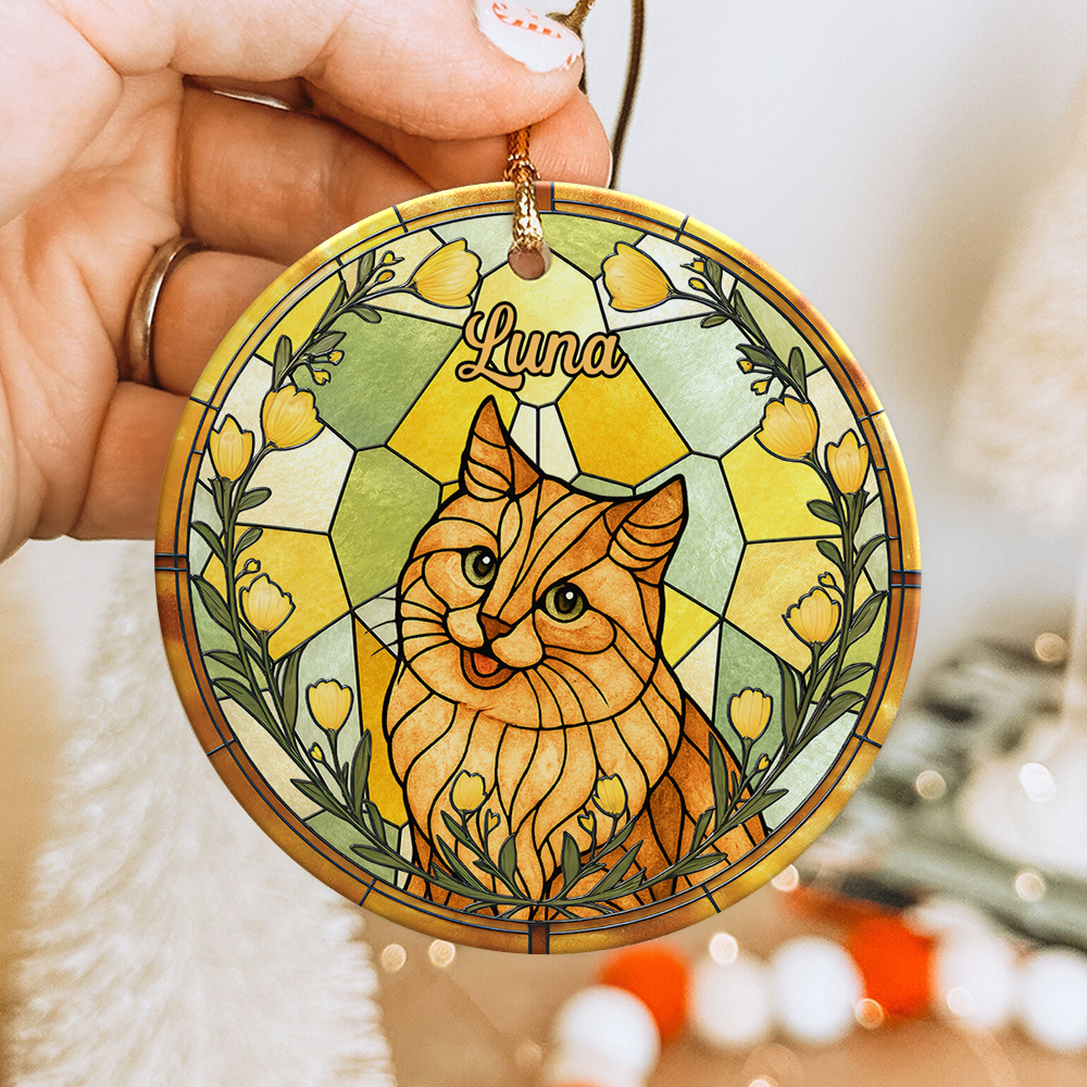 Custom Cat Photo With Flower Memorial Ceramic Ornament - Personalized Gift For Cat Lovers HO82 903328