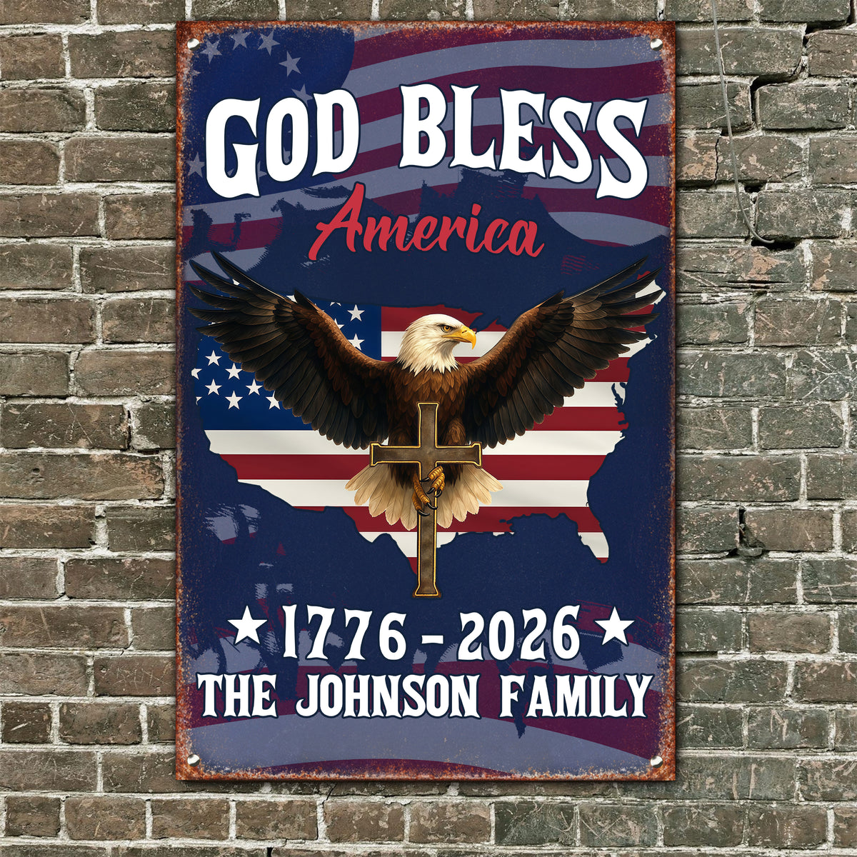 Custom Family Name God Bless America Eagle 1776–2026 Patriotic Metal Sign HA75 920120
