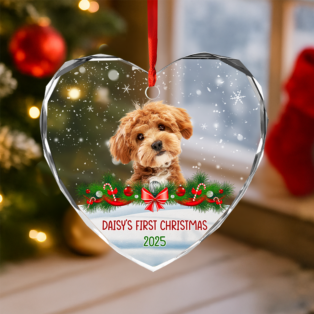 Custom Photo Dog Cat Christmas Heart Shaped Glass Ornament HA75 898092
