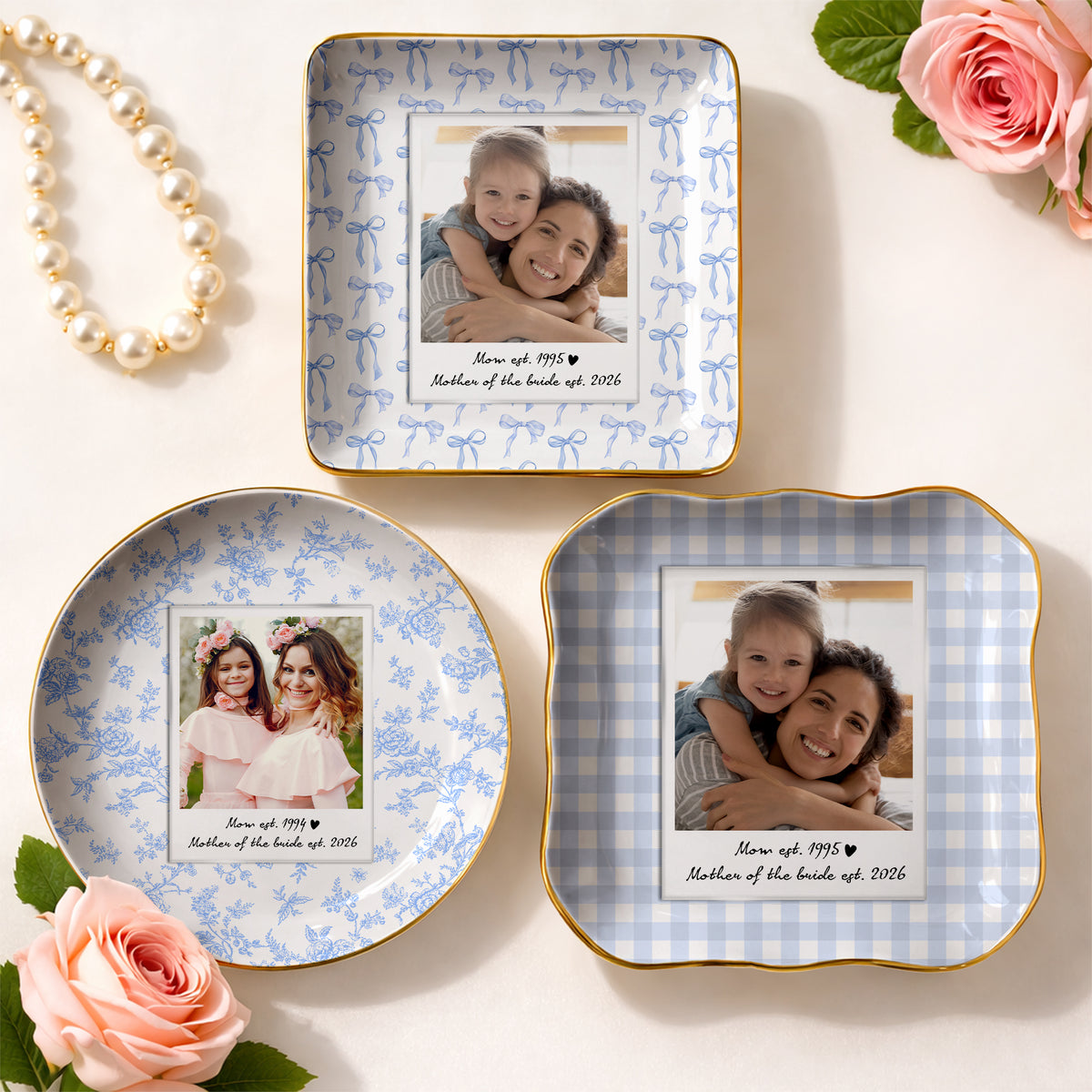 Custom Photo Floral Gingham Bow Stripe Style Mother EST Year Ring Dish LM32 899919