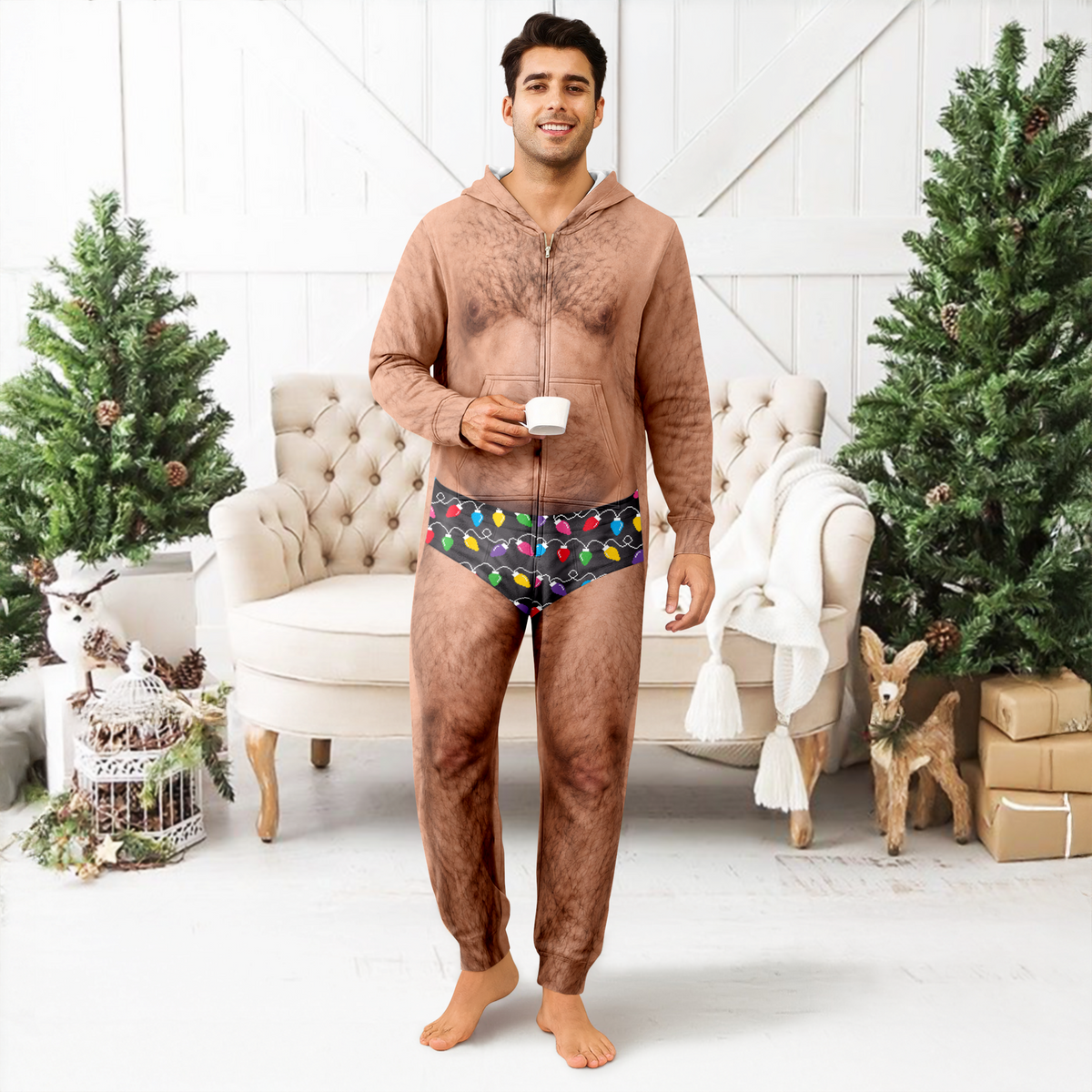 Personalized Funny Hairy Chest Men's Colorful Christmas Lights Underwear Onesie Pajamas HO82 903682