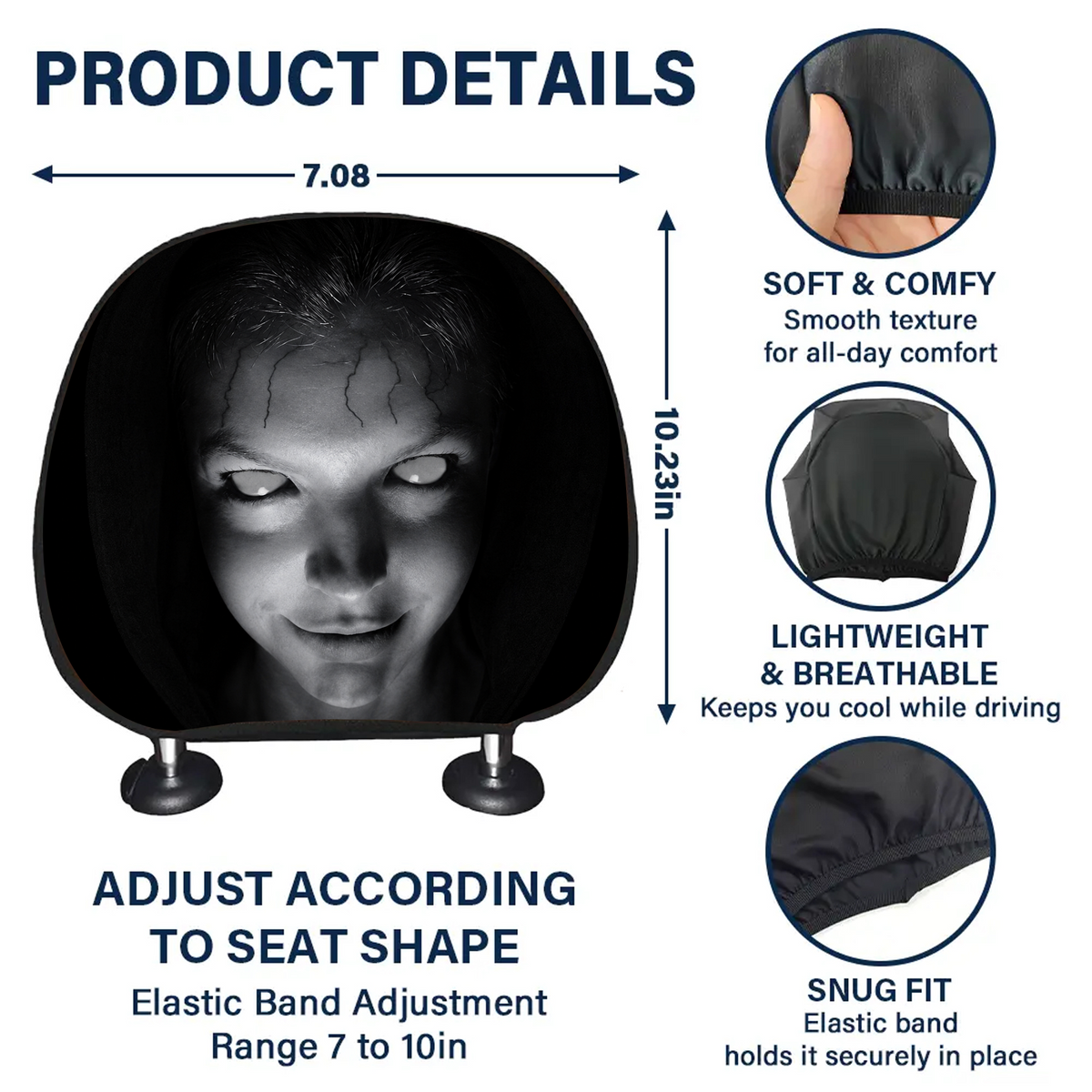 Ghost Face Car Headrest Covers, Scary Face Printing Auto Seat Universal Elastic HO82 903192