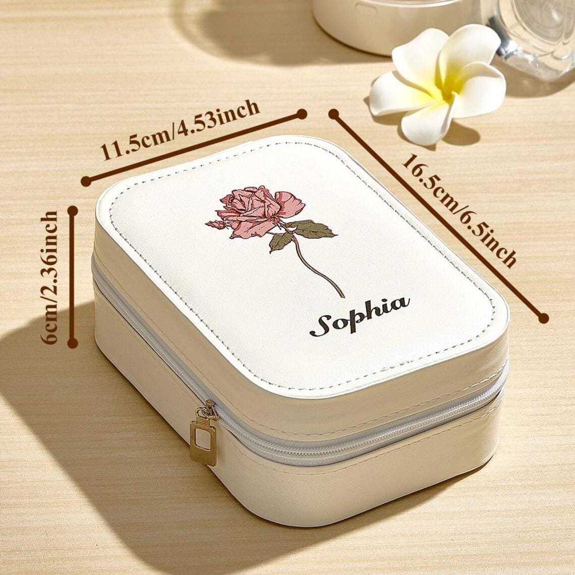 Personalized Birth Flower Leather Travel Jewelry Box with LED Mirror 100204