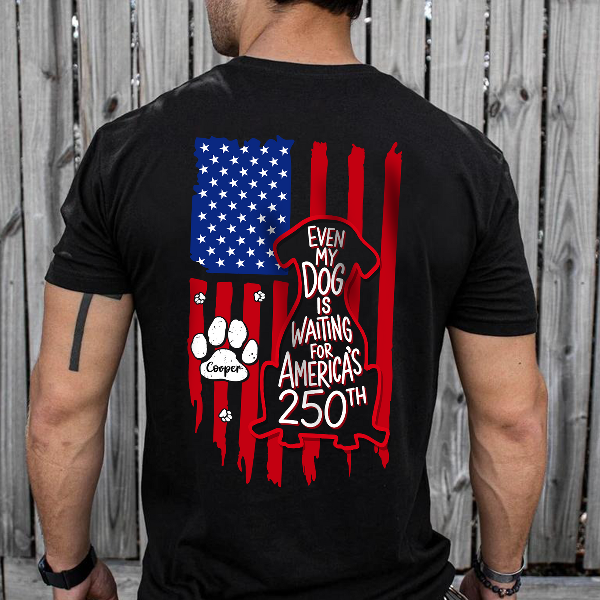 Personalized Even My Dog Is Waiting For America's 250th With US Flag Back Dark Shirt - Gift For Dog Lovers HO82 902864