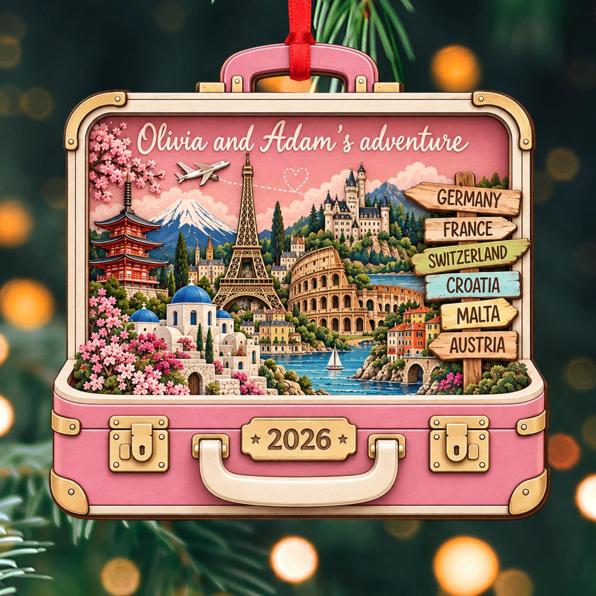 Personalized Travel Suitcase Christmas Wooden Ornament, Adventure Keepsake LM32 670681