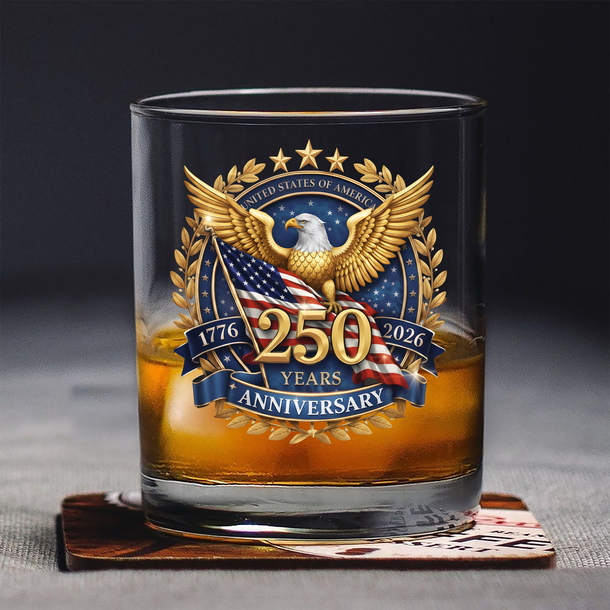 USA 250th Anniversary Emblem Patriotic Eagles Flag Whiskey Glass LM32 899071