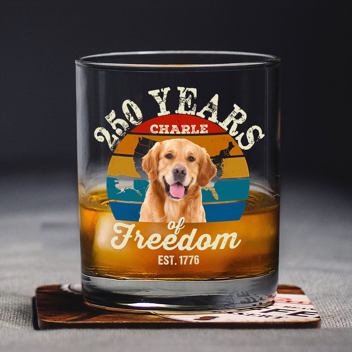 Custom Dog Photo 250 Years of Freedom EST. 1776 Whiskey Glass LM32 895325