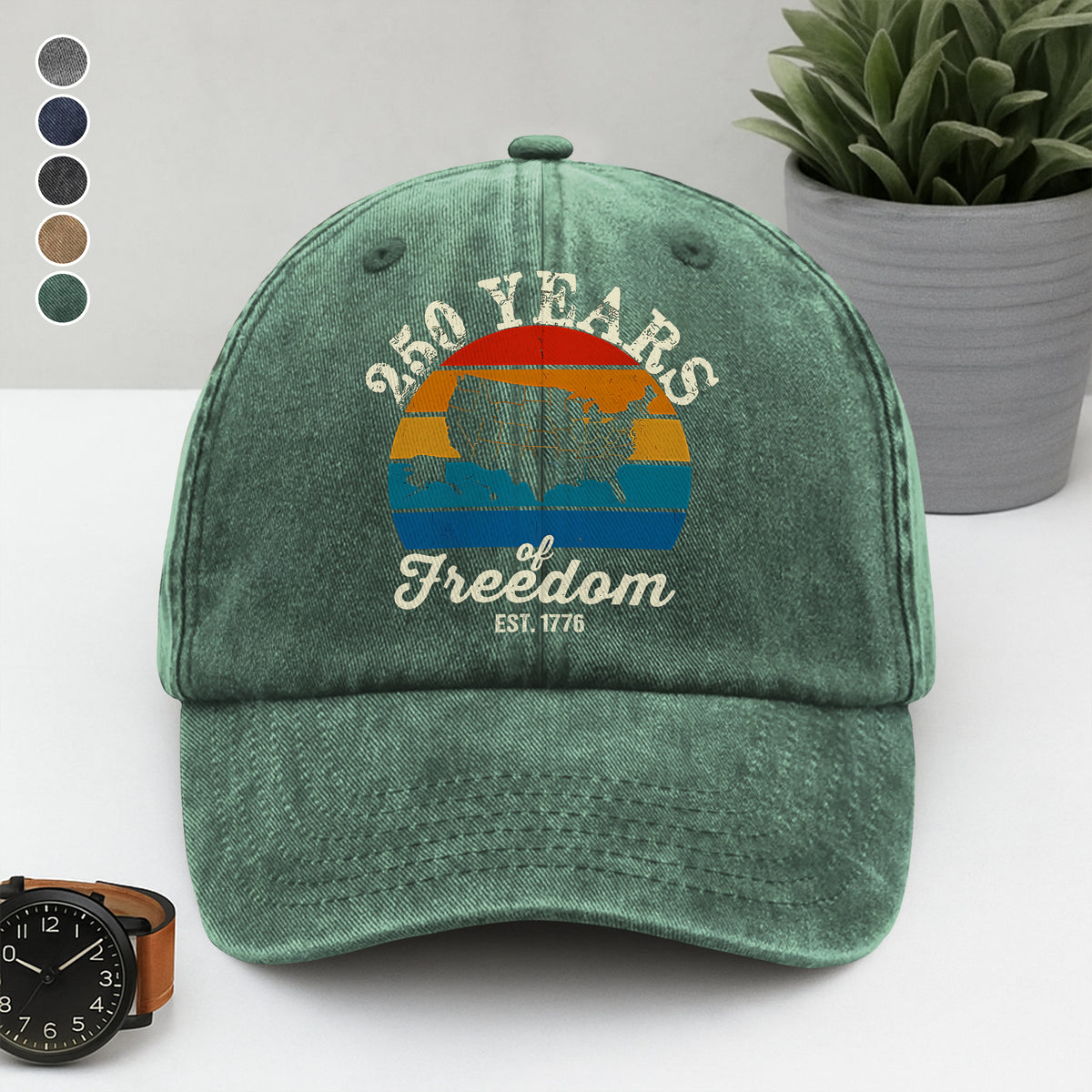 Custom Dog Photo 250 Years of Freedom EST. 1776 Washed Denim Baseball Cap LM32 895329