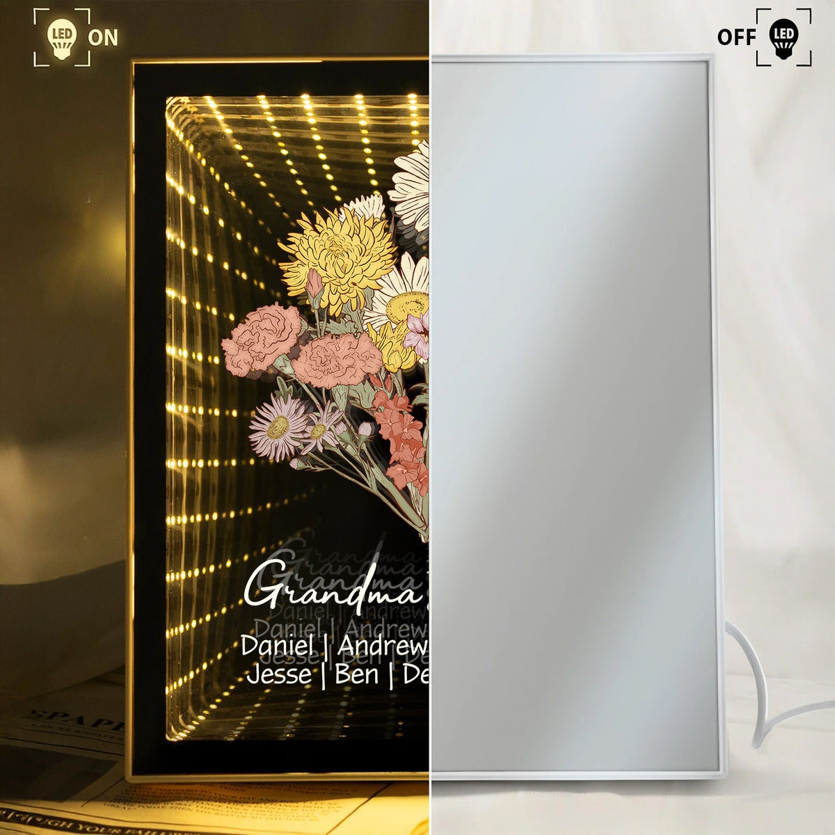 Custom Kids Names Grandma’s Garden Infinity Mirror Light Box – Personalized Family Blossoms Mother’s Day Gift HO82 901952