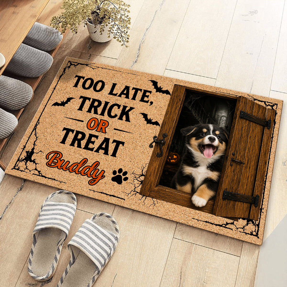 Custom Dog Photo You're Too Late, Trick or Treat Halloween Doormat LM32 669575