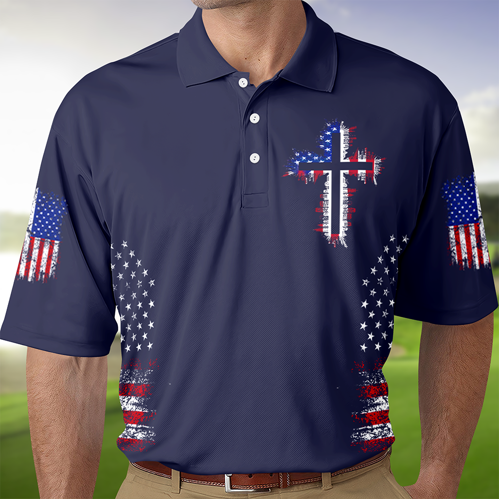 Personalized American Flag Cross Polo Shirt – Christian Faith Patriotic Shirt for Men LM32 899601
