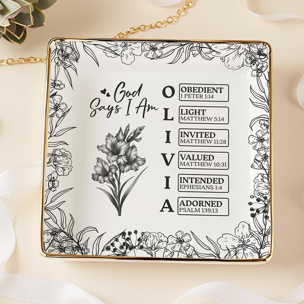 God Says I Am Personalized Name Initial Bible Toile De Jouy Jewelry Dish Gift LM32 895365