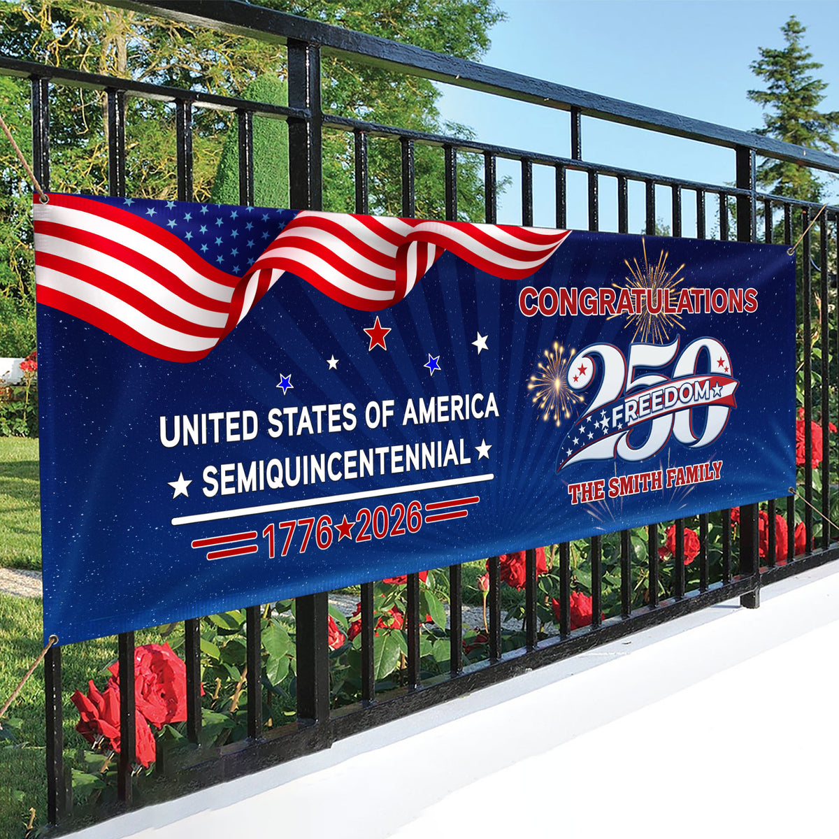 Custom Name USA 250 Freedom Banner – 1776–2026 Semiquincentennial Patriotic Party Decoration HO82 902208