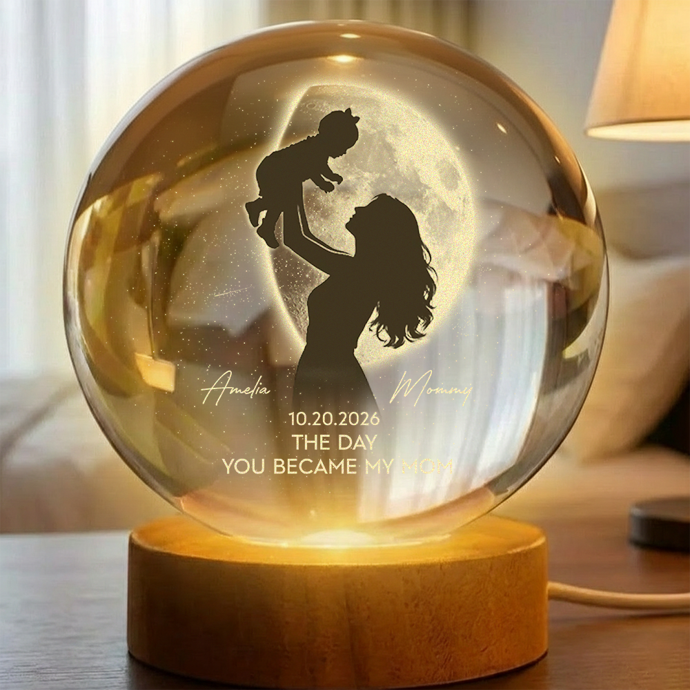 Personalized Mom Hugging Kid, The Day You Became My Mom Engraved Crystal Ball LED Night Light - Mother's Day Gift for Mom HO82 901458