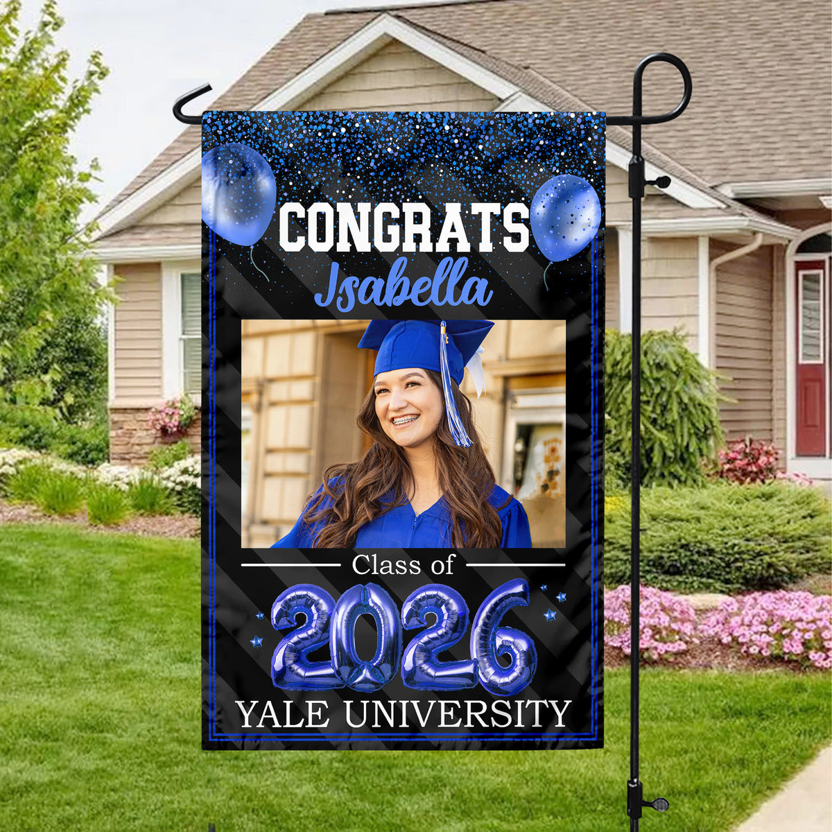 Custom Photo Congrats 2026 Multicolor Glitter Balloon Graduation Garden Flag HA75 920460