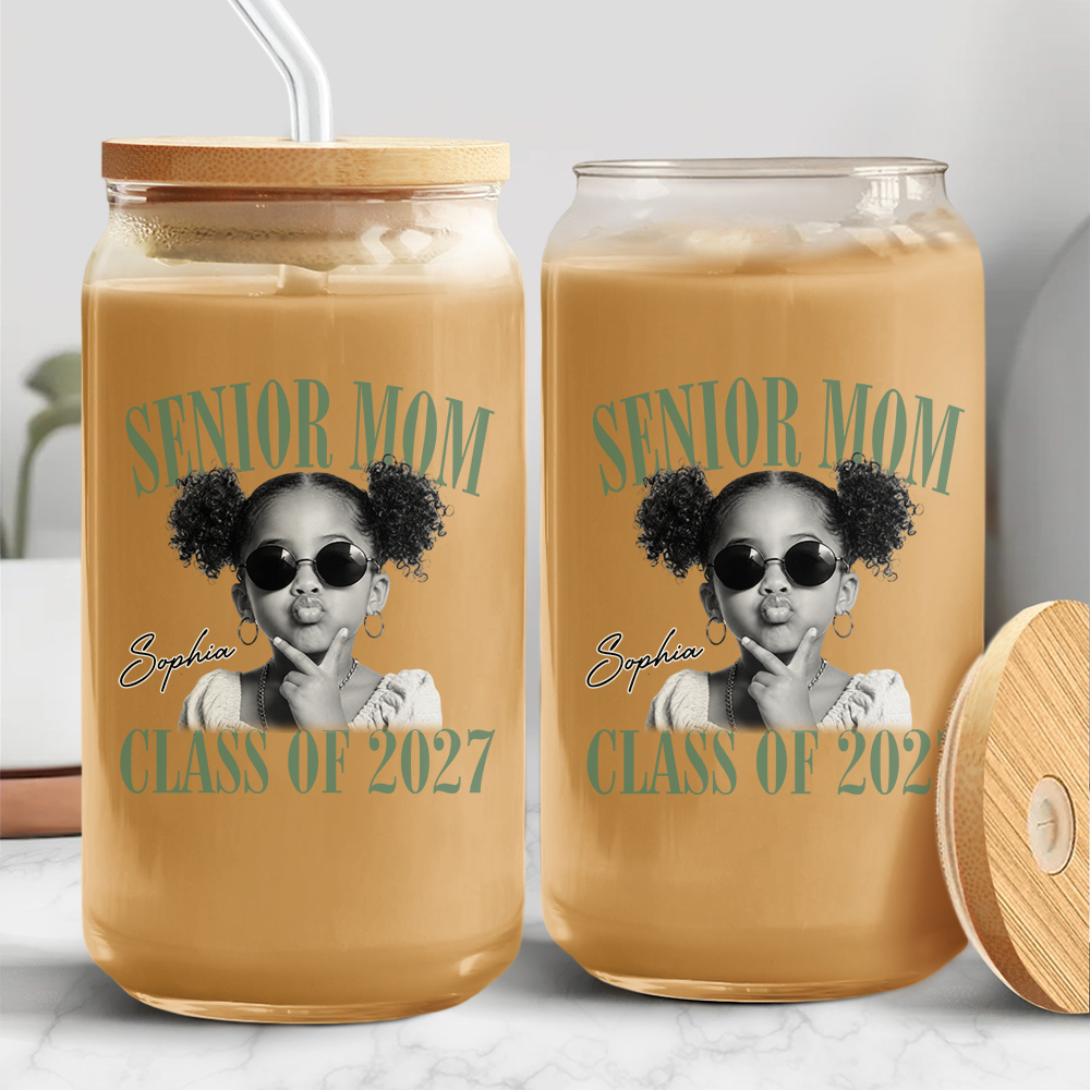 Custom Photo Senior Mom, Senior Dad Class Of 2027 Glass Can With Lid TH10 170637