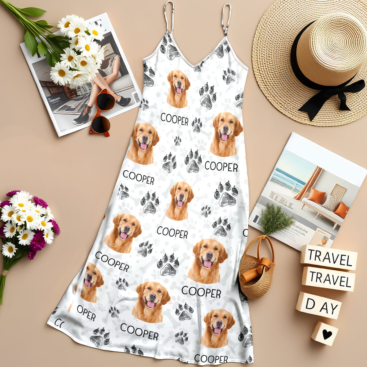 Custom Cute Pet Photo Paw Women's V-neck Cami Maxi Dress LM32 893315