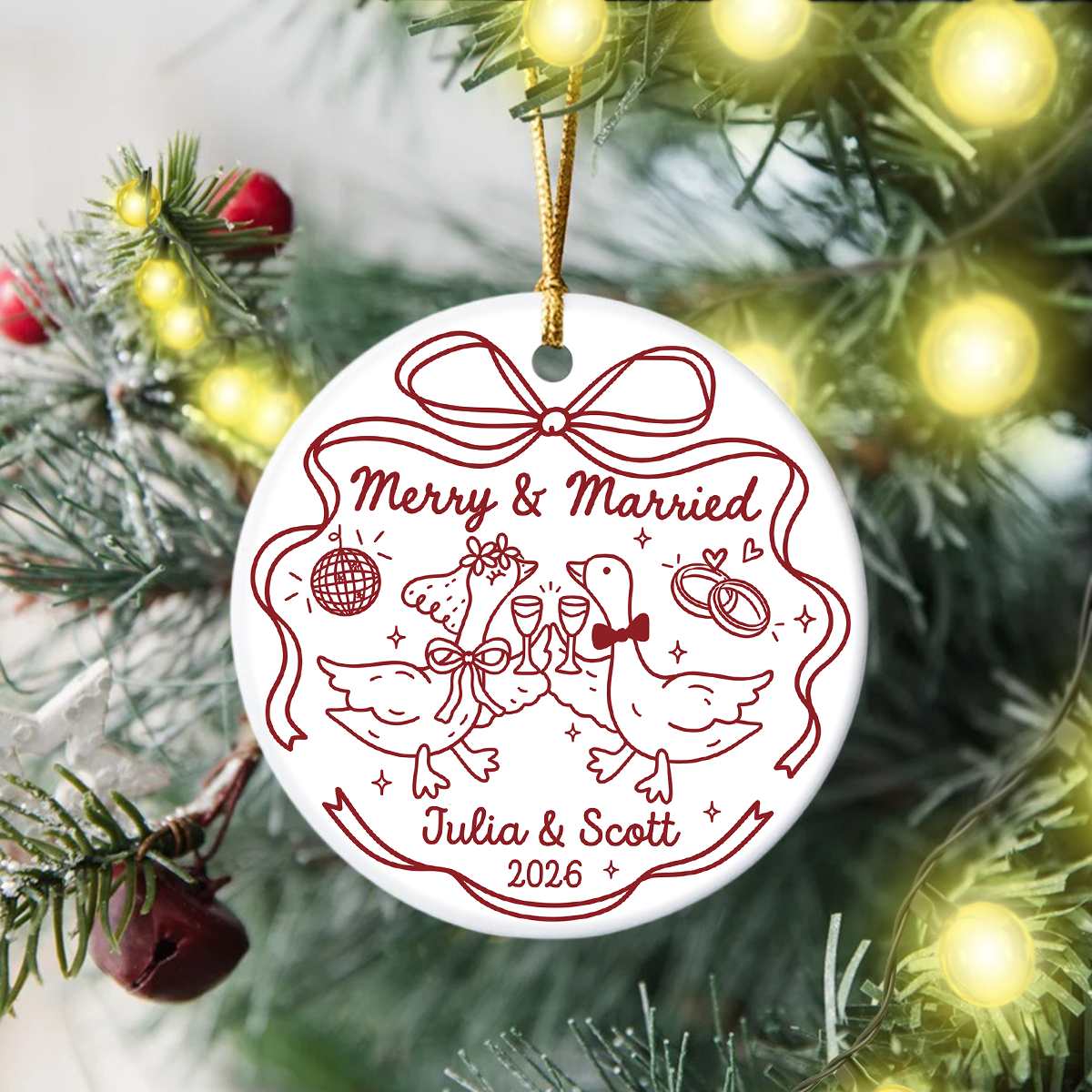 Personalized Names Merry And Married Ceramic Ornament, Custom First Christmas Married Ornament, Wedding Keepsake, Christmas Gift HA75 921984