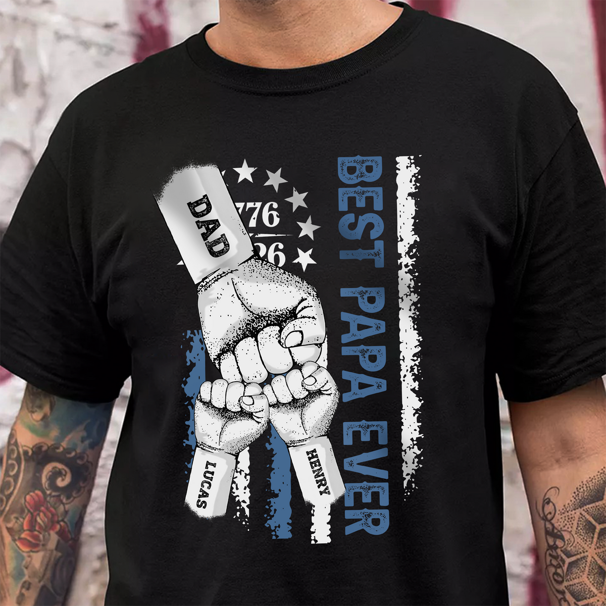 Custom Name Best Dad Ever Hand To Hand America Flag 1776-2026 Dark Shirt, Father’s Day Gift LM32 899611