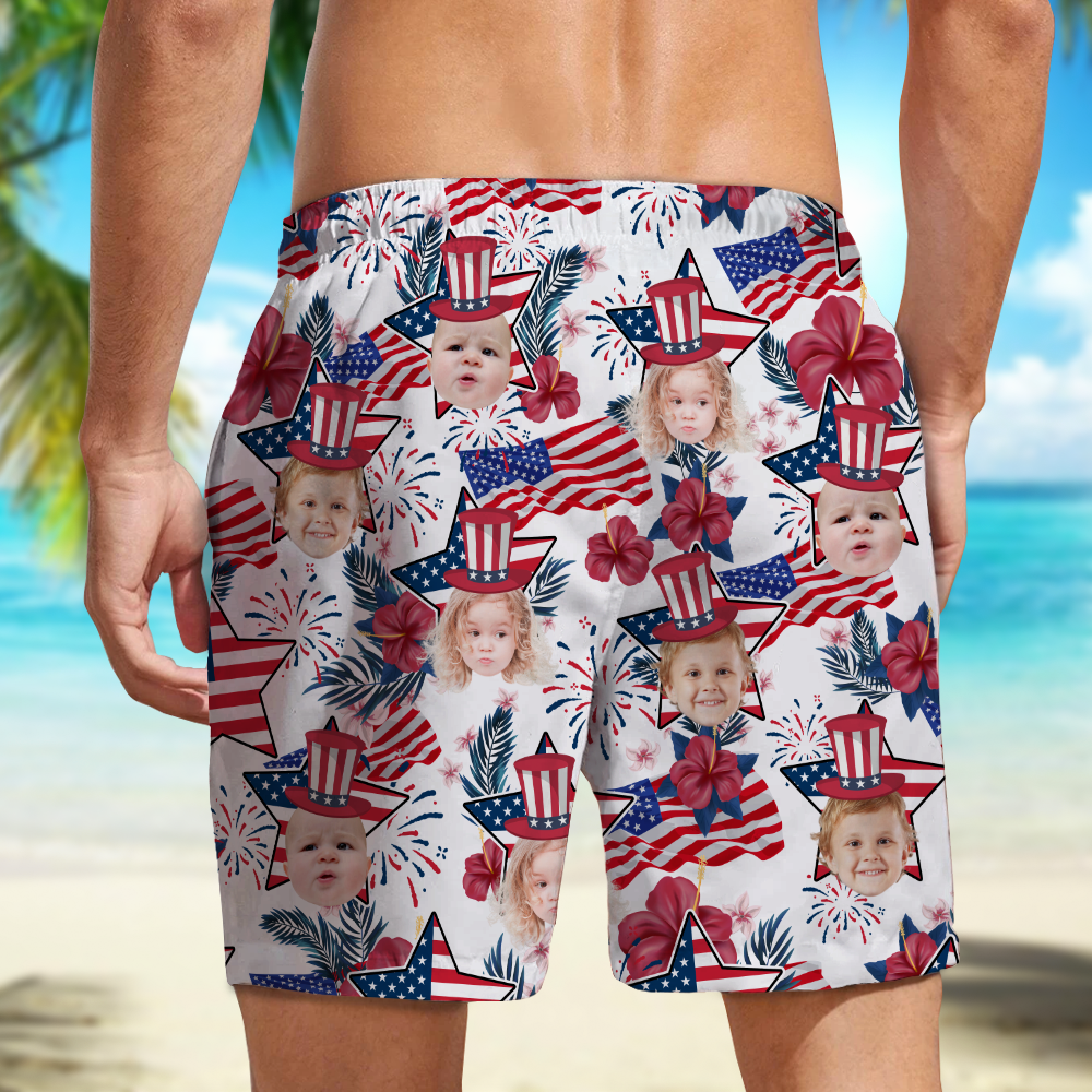 Custom Photo US Flag With Hawaii Pattern Man Beach Shorts, Father's Day Gift, For Dad HO82 894054