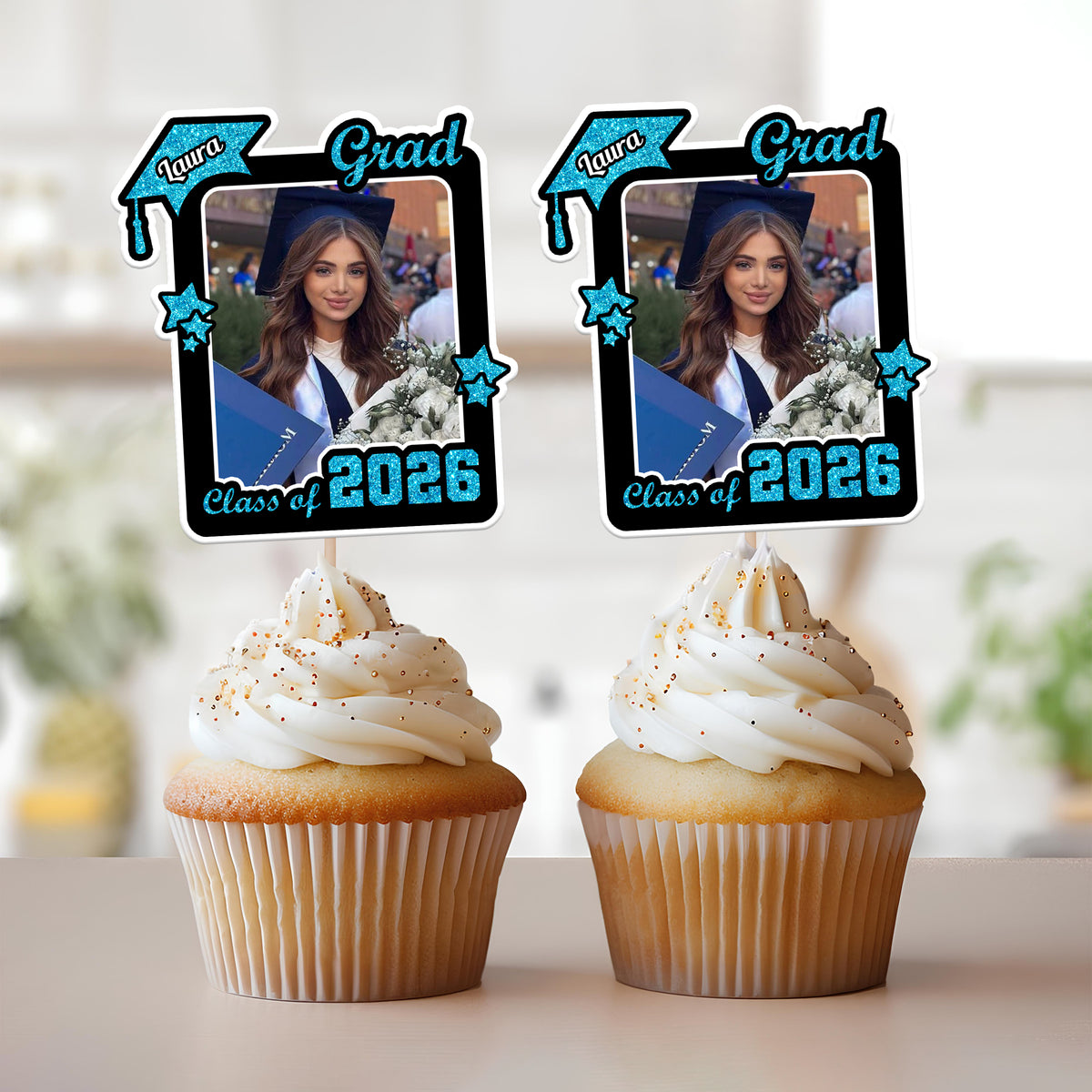 Custom Photo Class of 2026 Glitter Graduation Cupcake Toppers, Personalized Party Decorations CH07 895598