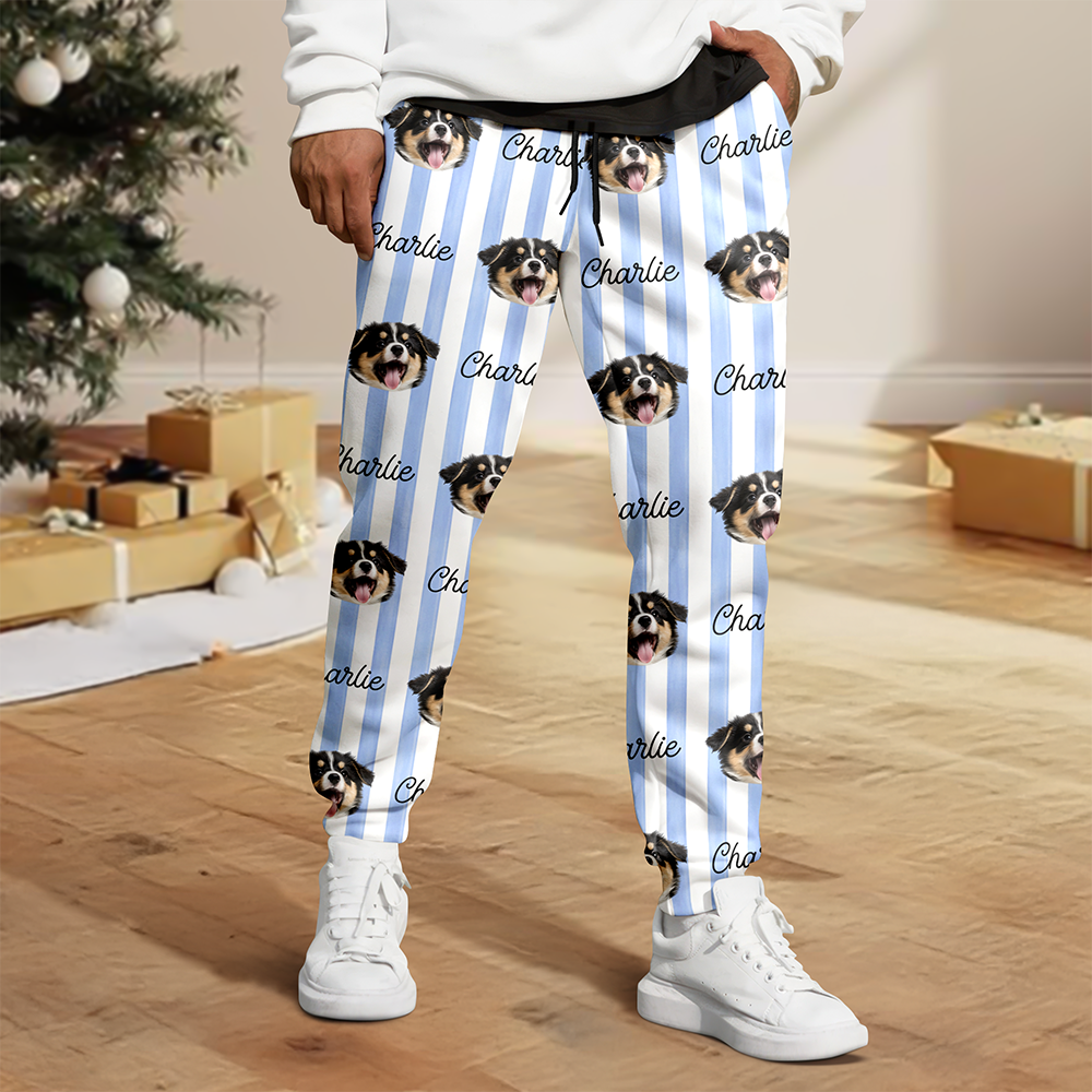 Custom Dog Cat Face Striped Pajama Pants, Personalized Pet Lovers Christmas Gift TH10 171011