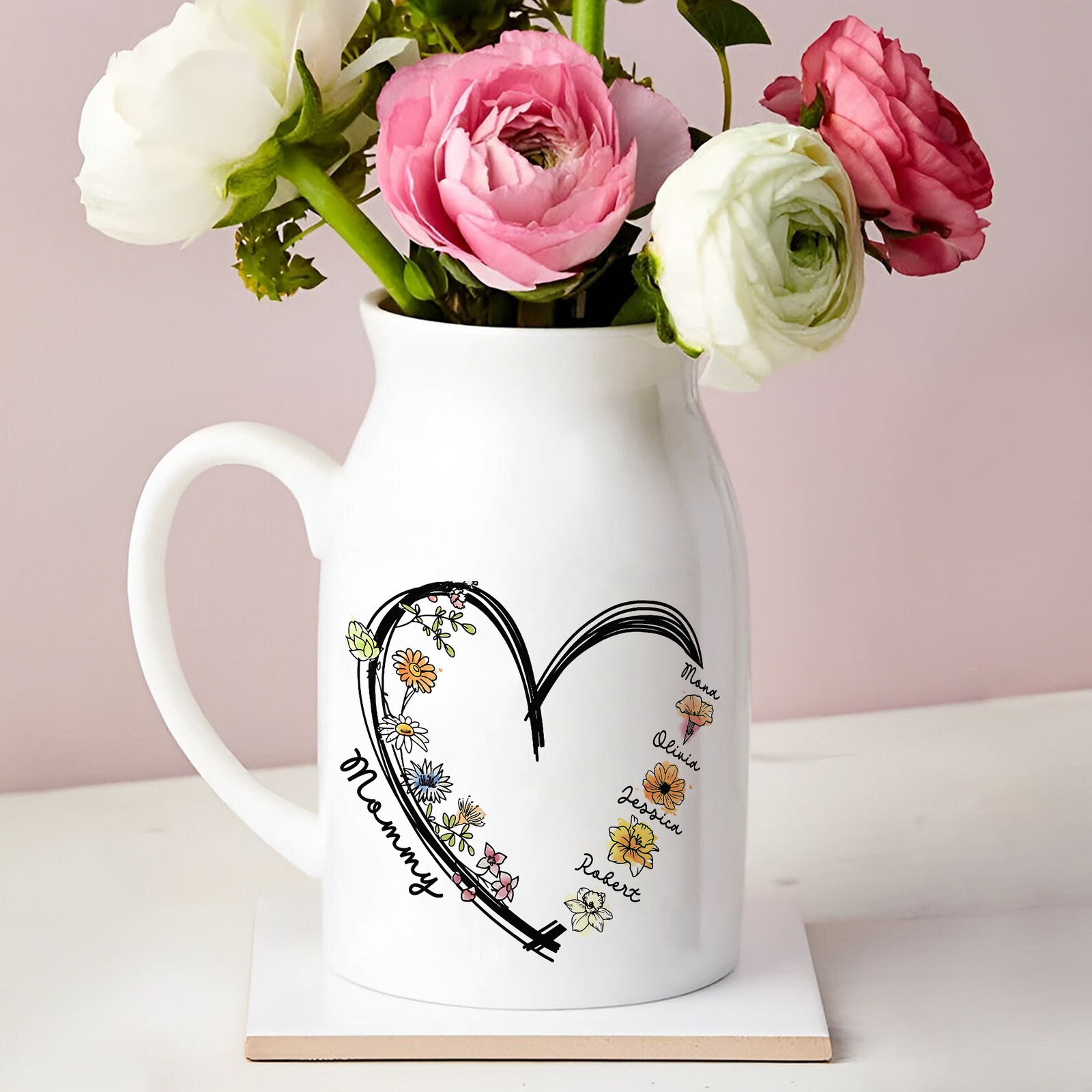 Personalized Names & Birth Flowers Vase with Heart, Mother's Day, Birthday Gift CH07 910886
