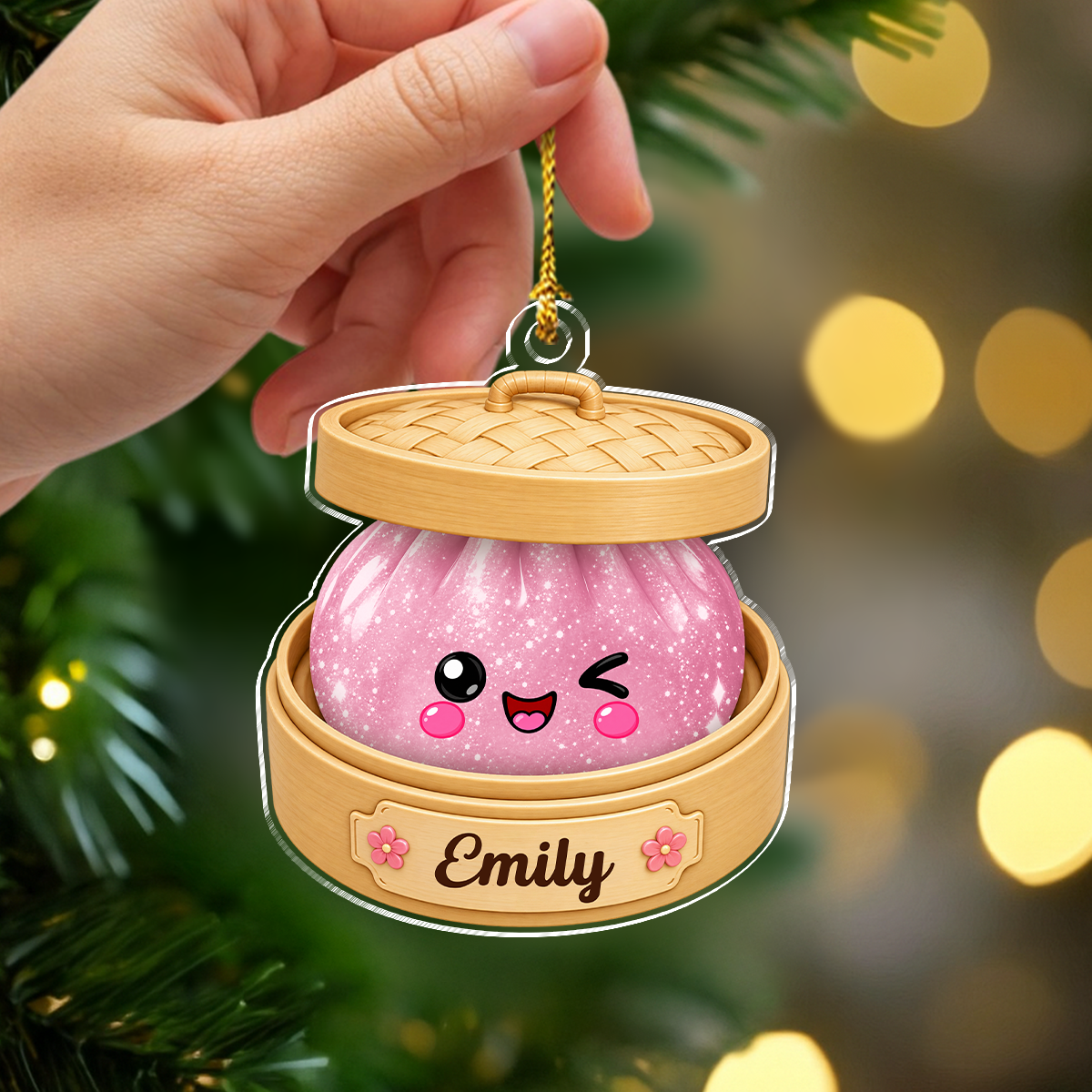 Personalized Glitter Dumpling Bamboo Steamer Acrylic Ornament, Food Lover Holiday Keepsake HO82 903732