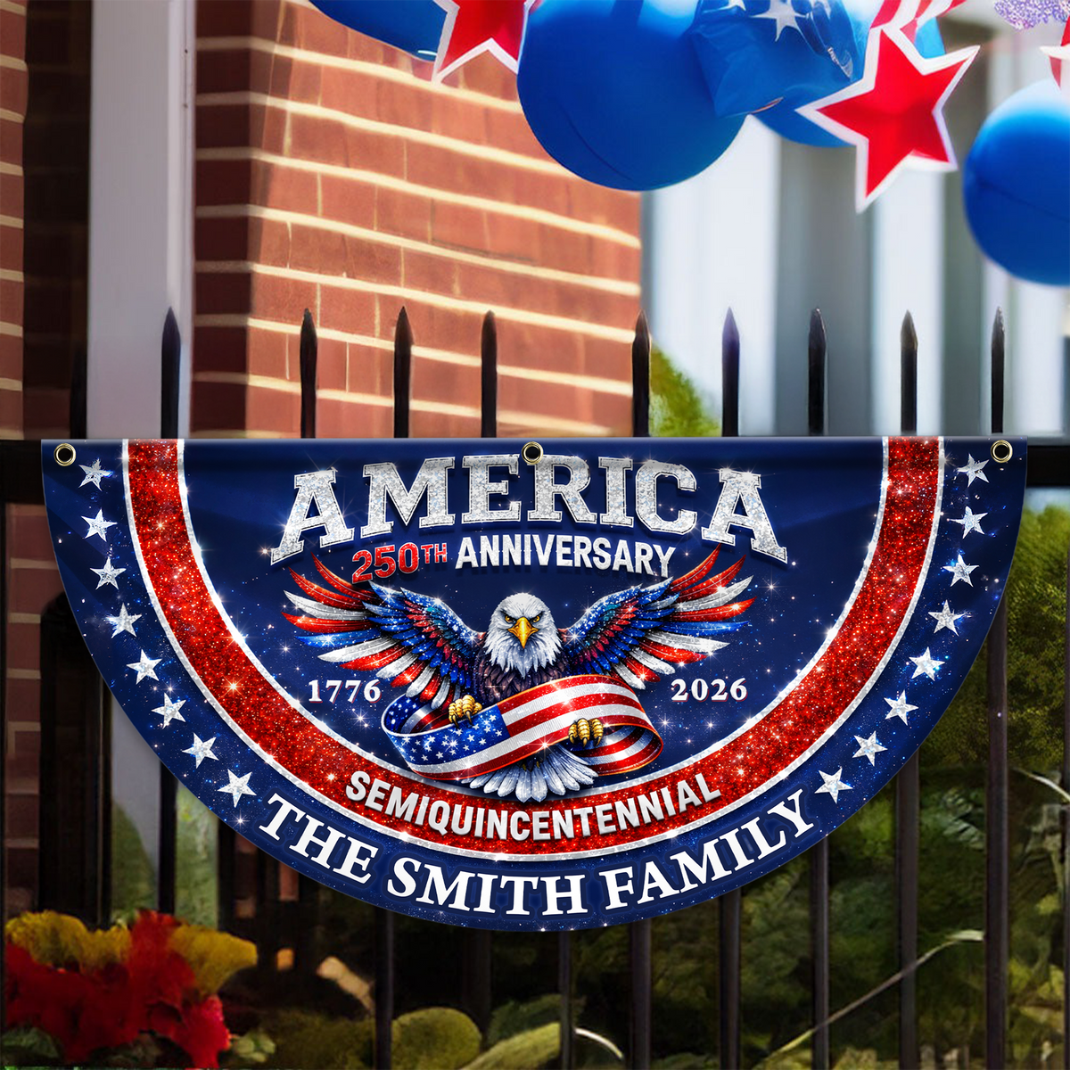 Custom Family Name America 250th Anniversary 1776-2026 Patriotic Eagle Non-Pleated Fan Flag HA75 920842