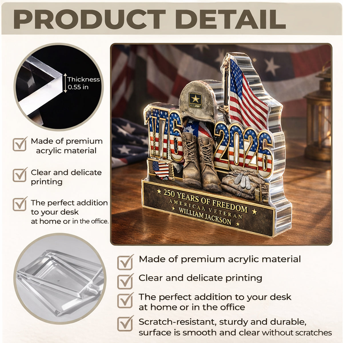 Personalized 250 Years Of Freedom 1776–2026 Acrylic Block Plaque - Veteran Gift, Patriotic Military Memorial Decor HO82 901854