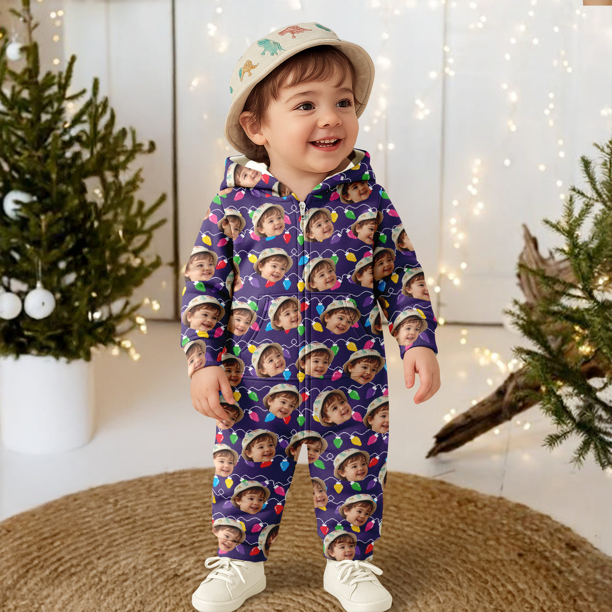 Custom Human Face Photo With Colorful Christmas Lights Onesie Pajamas HO82 900188
