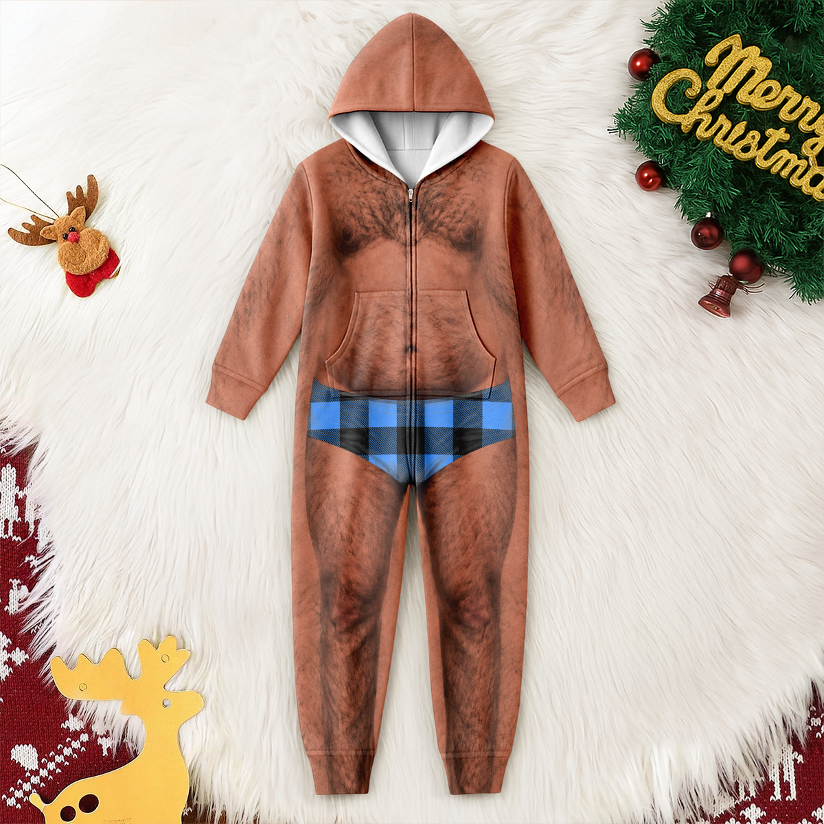 Personalized Funny Hairy Chest Men's Plaid Pattern Underwear Onesie Pajamas HO82 903684