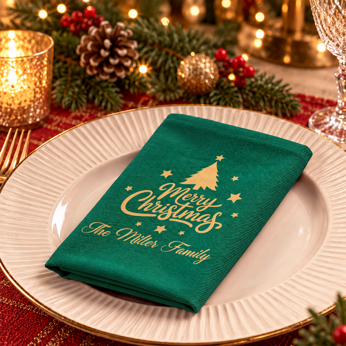 Custom Family Name Merry Christmas Reusable Cotton Napkin Christmas Decor HA75 919456