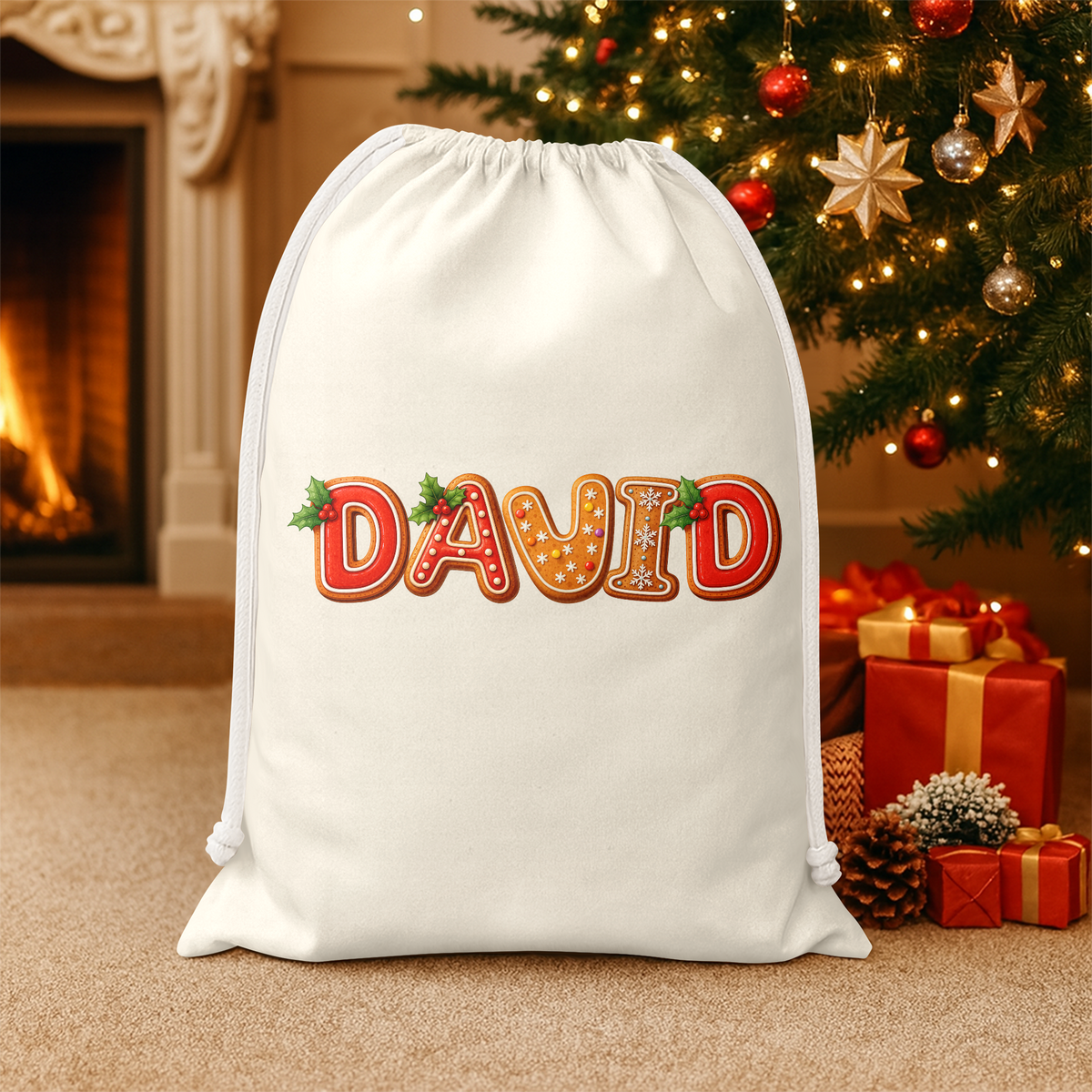 Custom Name Gingerbread Letter Christmas Sack, Personalized Holiday Gift Bag TH10 171349