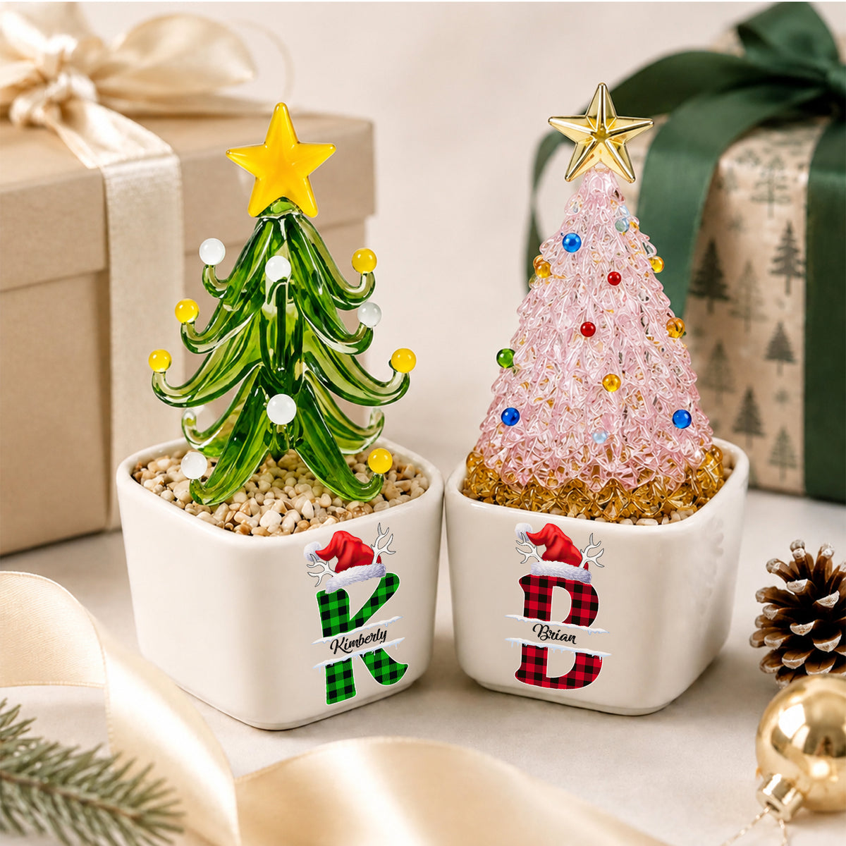 Custom Name Initial Letter Christmas Monogrammed Mini Ceramic Pot with Glass Christmas Tree HO82 903560