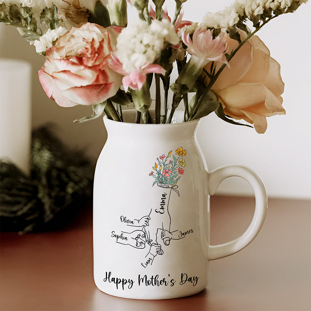 Personalized Floral Hands Mom With Kids Vase Gift For Mother's Day CH07 910882