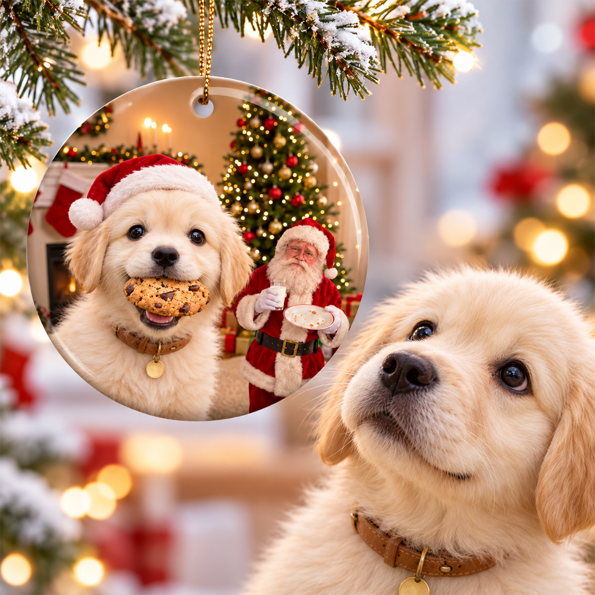 Custom Photo Funny Dog Steals Cookie From Santa Personalized Ceramic Ornament HA75 919588