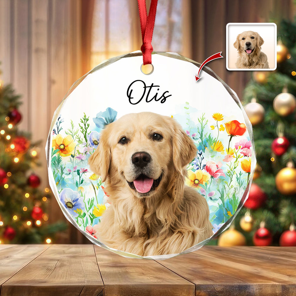 Custom Pet Photo With Watercolor Wildflowers For Dog And Cat Lovers Glass Ornament TH10 894249