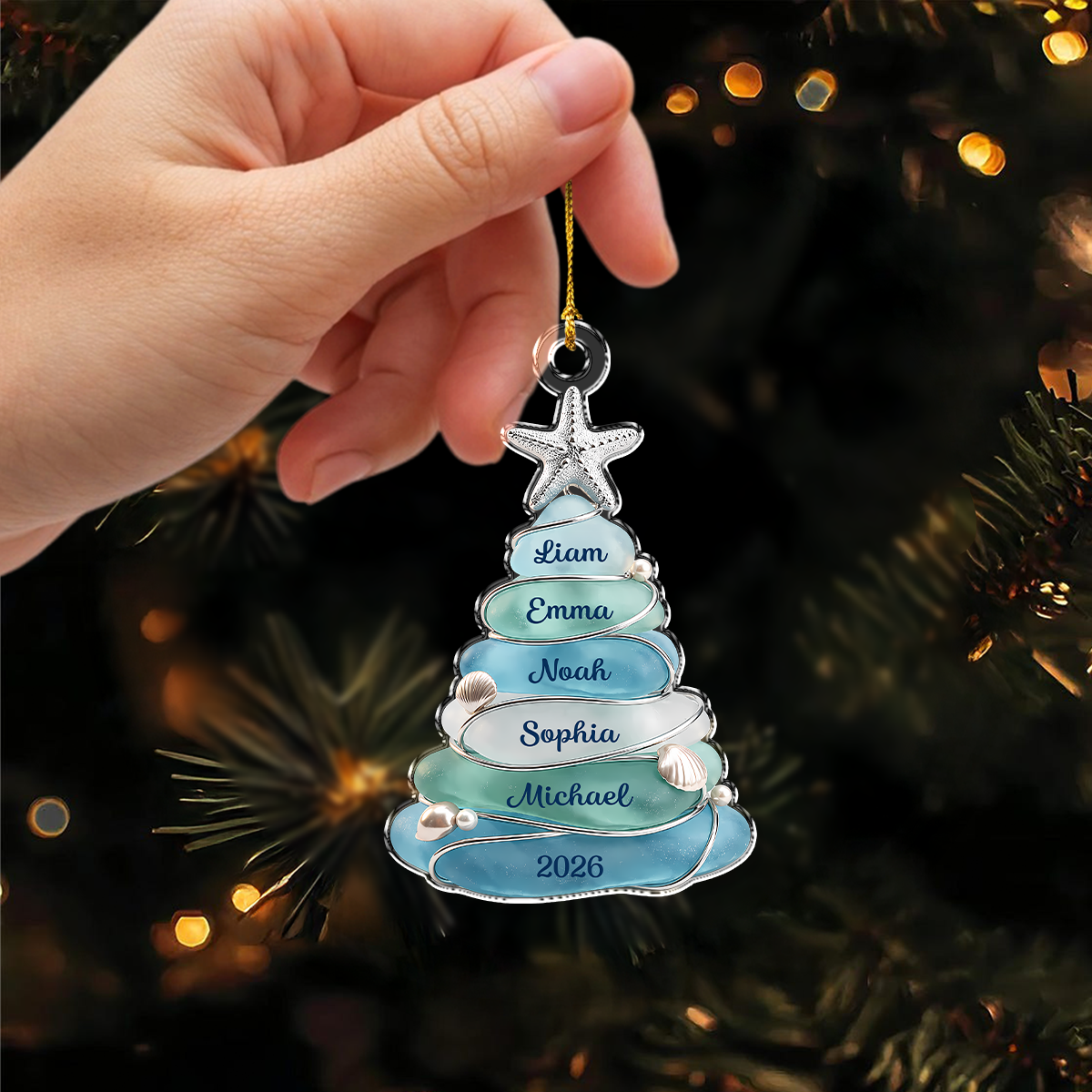 Custom Name Sea Glass Christmas Tree Acrylic Ornament – Personalized Coastal Christmas Decoration, Family Holiday Gift TH10 170673