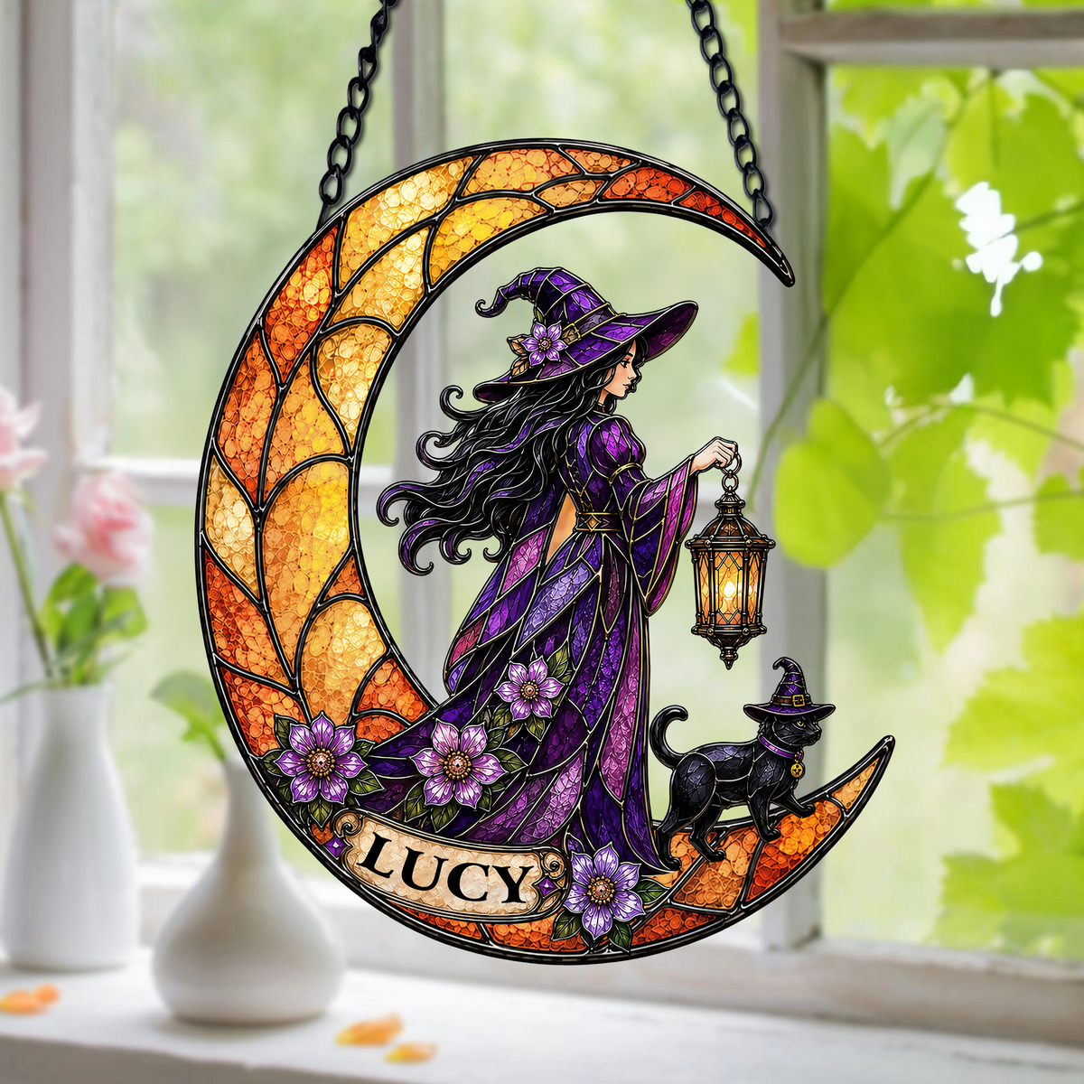 Custom Name Witch & Cat Halloween Stained Glass Suncatcher - Personalized Spooky Window Hanging CH07 180186