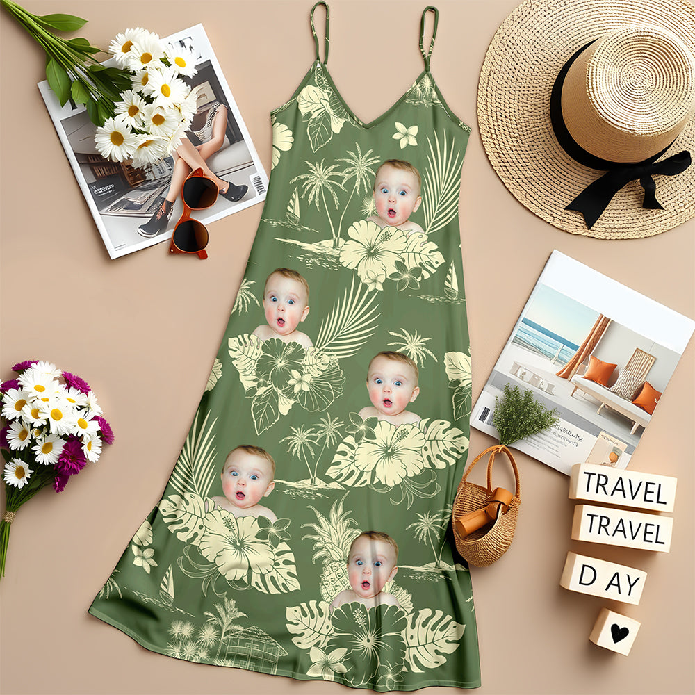 Custom Photo Aloha Hawaiian Women's V-Neck Cami Maxi Dress HO82 893670