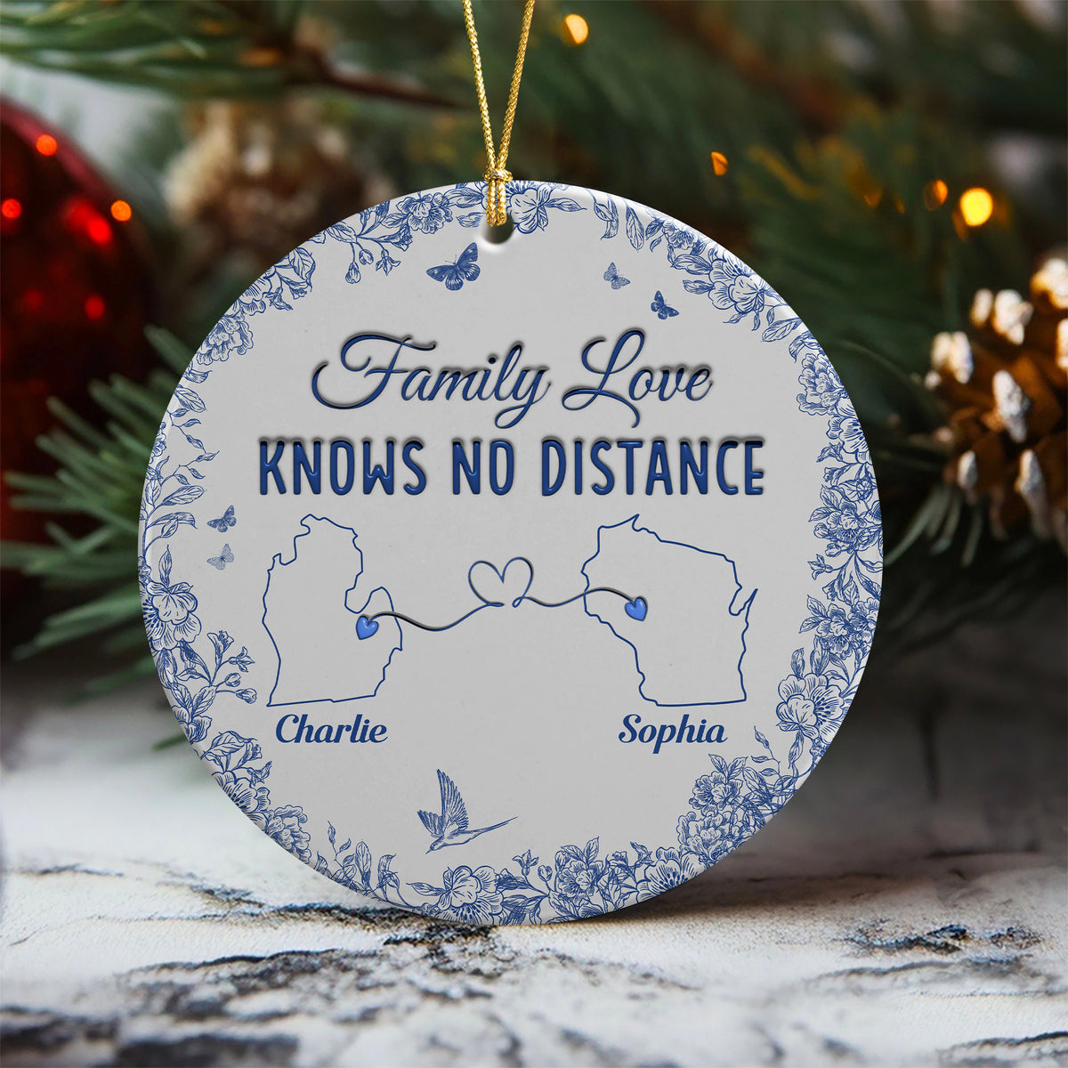 Family Love Knows No Distance Toile De Jouy Style Personalized 3D Inflated Effect Ceramic Ornament HO82 894746