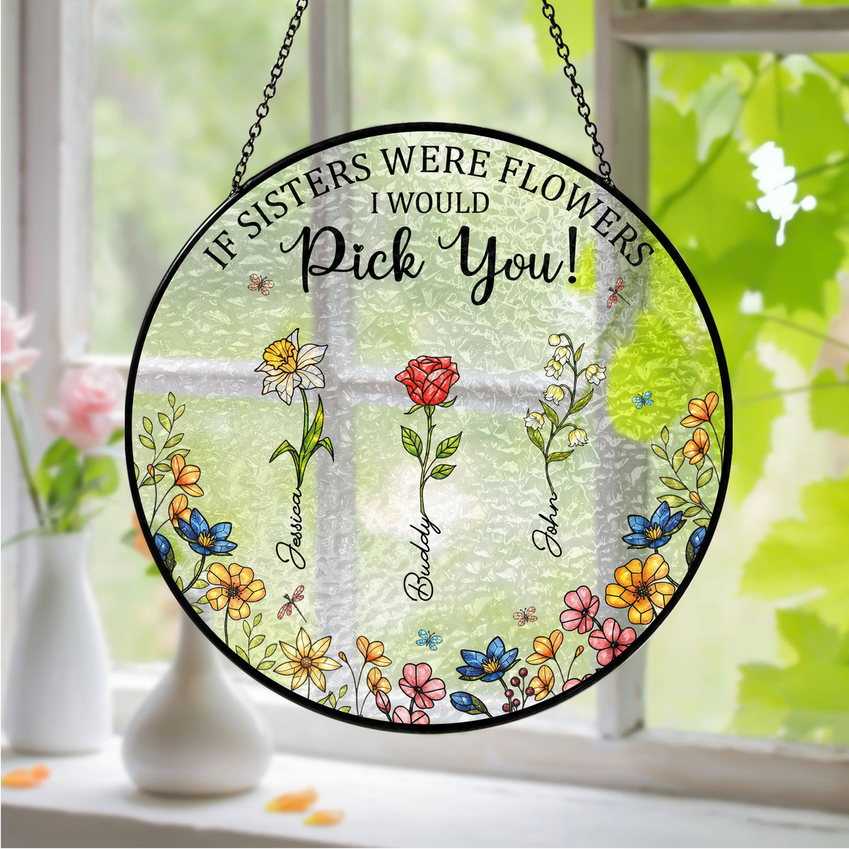 Personalised Birth Flower Sisters Besties From The Same Garden Stained Glass Suncatcher LM32 893943