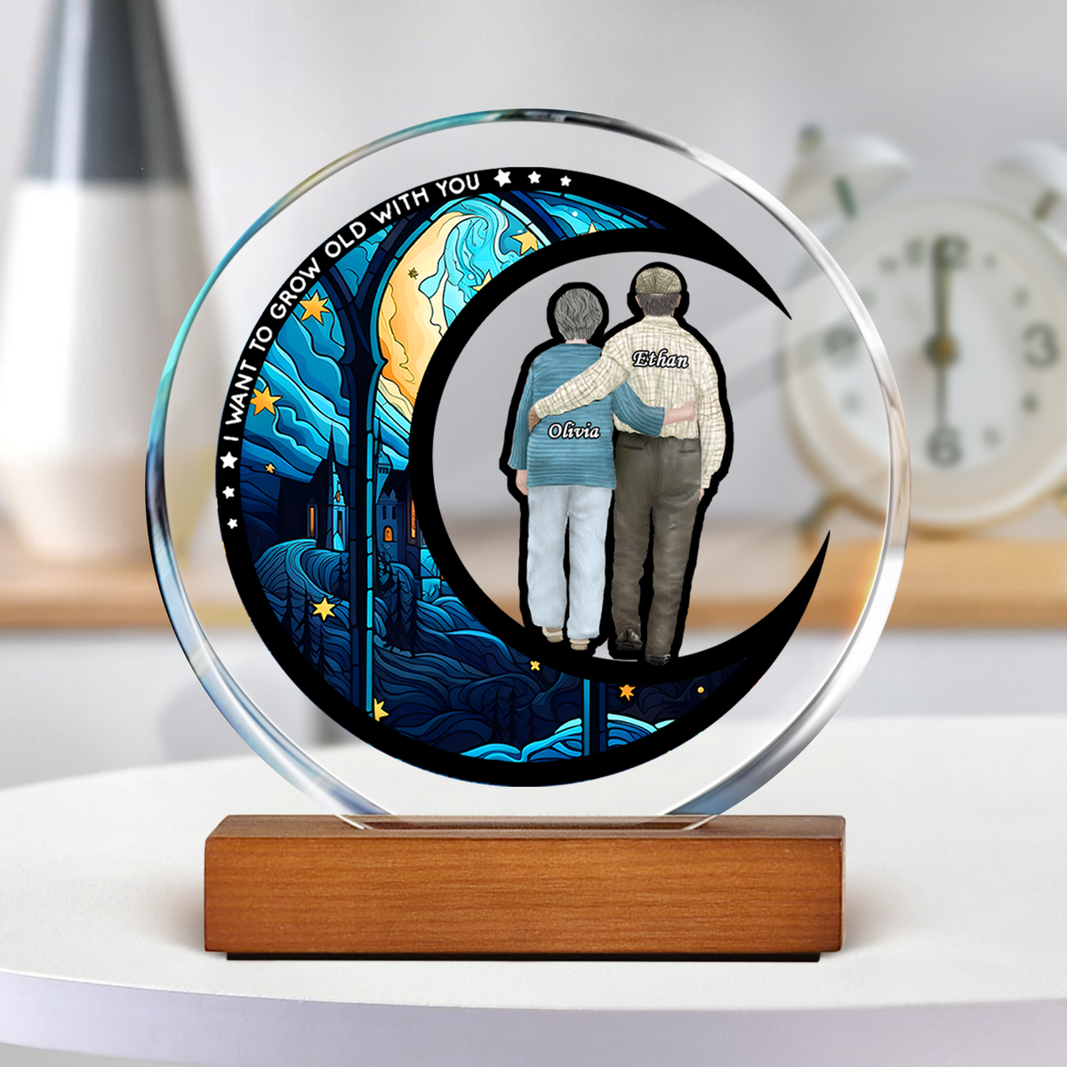 I Want To Grow Old With You Couple Personalized Round Acrylic Frame Block TH10 894059