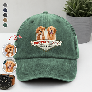 Custom Photo Protected By Dog Washed Denim Baseball Cap For Dog Lovers LM32 895103