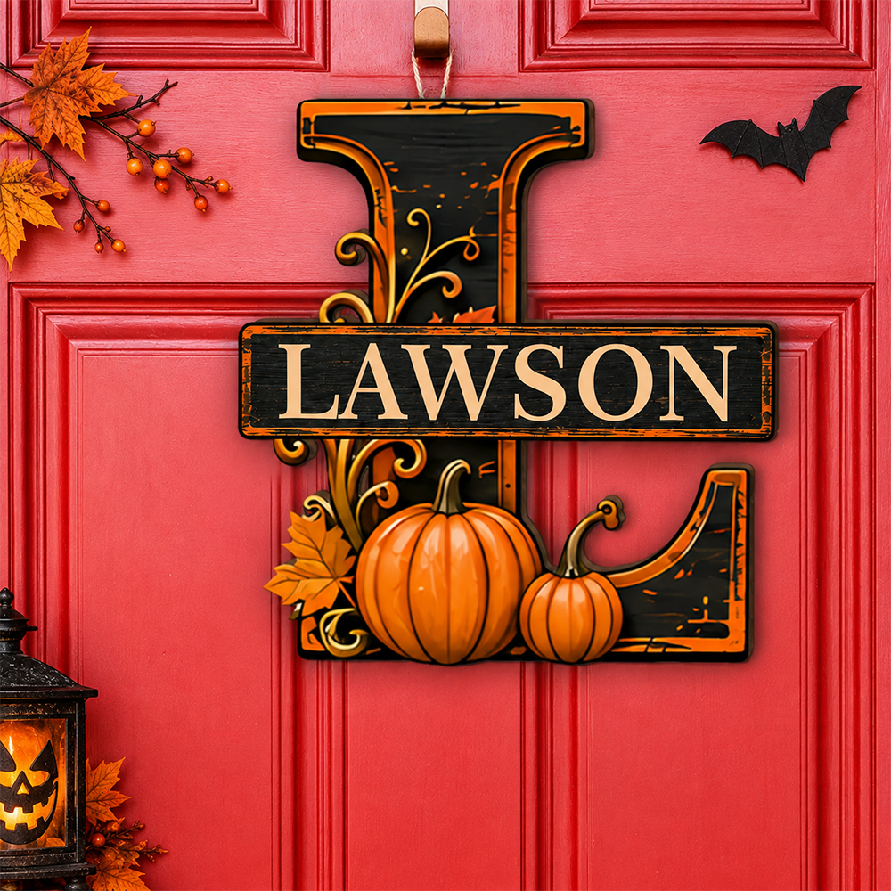 Custom Initial & Name Pumpkin Halloween Monogram Door Sign LM32 670003