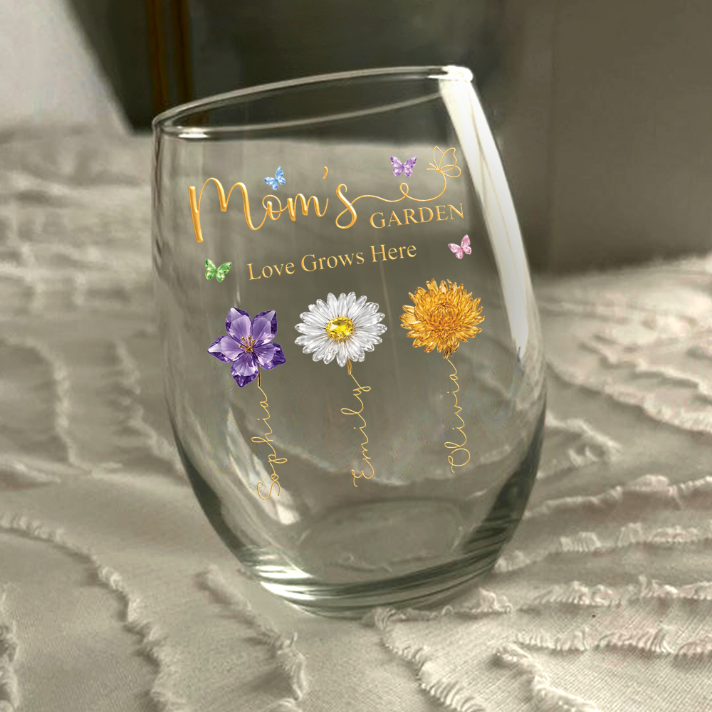 Custom Name Mom's Garden Love Grows Here Wine Glass, Personalized Birth Flower Gift for Mom CH07 911212