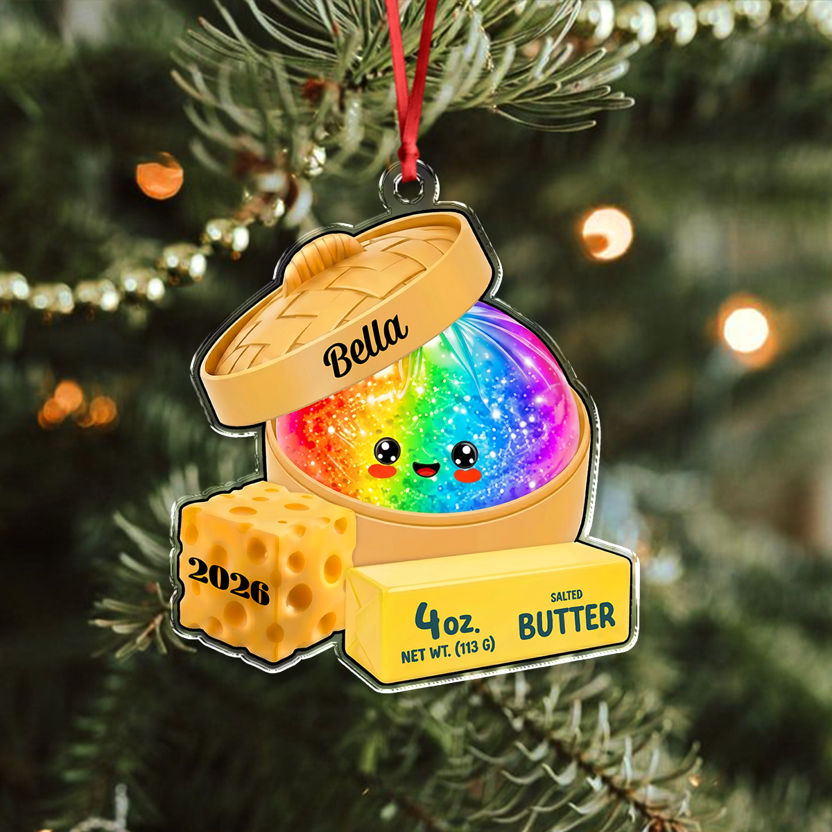 Custom Name Glitter Rainbow Dumpling Squishy Acrylic Ornament, Cute Christmas Keepsake LM32 670083